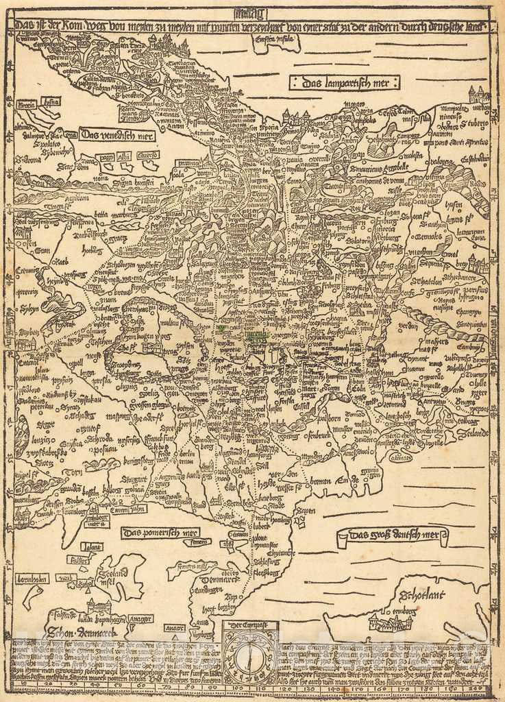 Art Print : Erhard Etzlaub, Road Map of Central Europe, c. 1492 - Vintage Wall Art