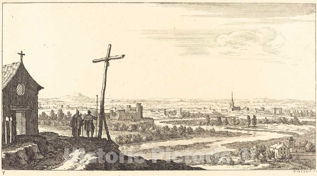 Art Print : SÃ©bastien Le Clerc I, Landscape with Church and Town in Distance, 1673 - Vintage Wall Art