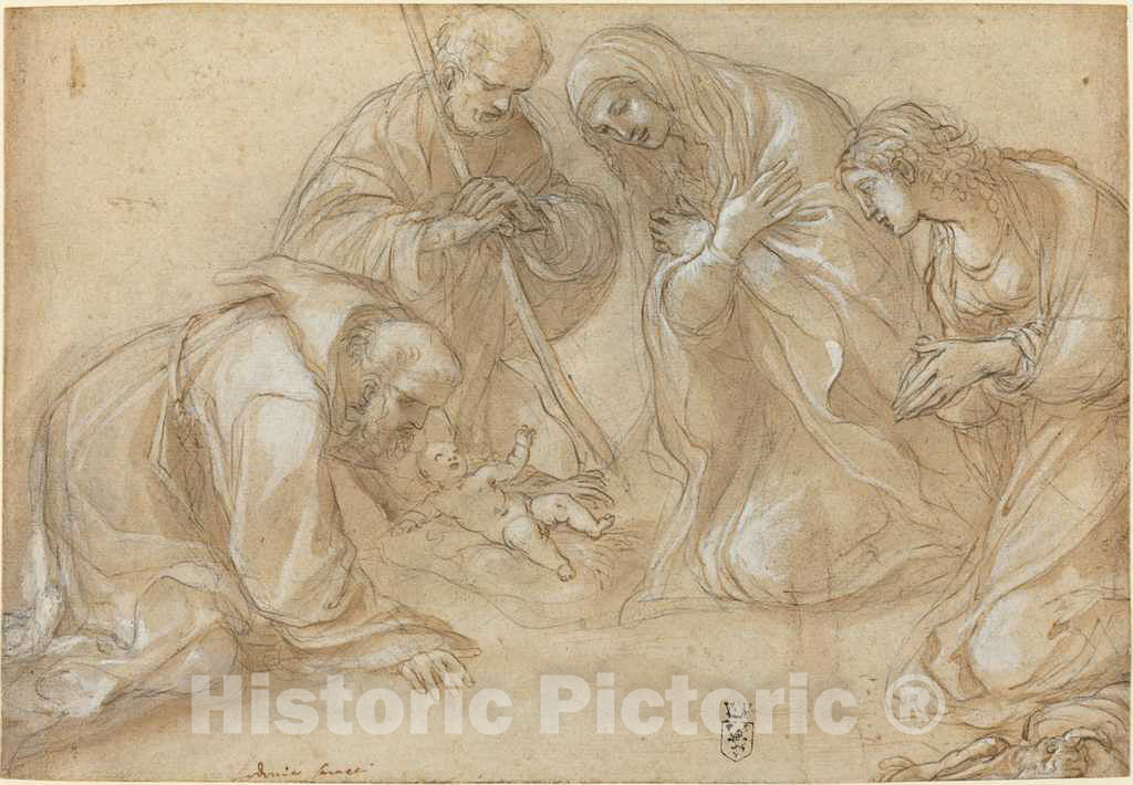 Art Print : Lodovico Carracci, The Nativity with Saints Francis and Agnes, c. 1605 - Vintage Wall Art