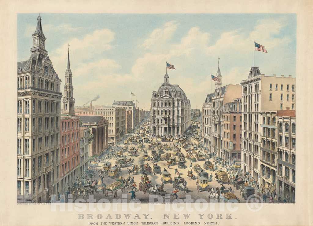 Art Print : Currier and Ives, Broadway, New York: from The Western Union Telegraph Building Looking North, 1875 - Vintage Wall Art