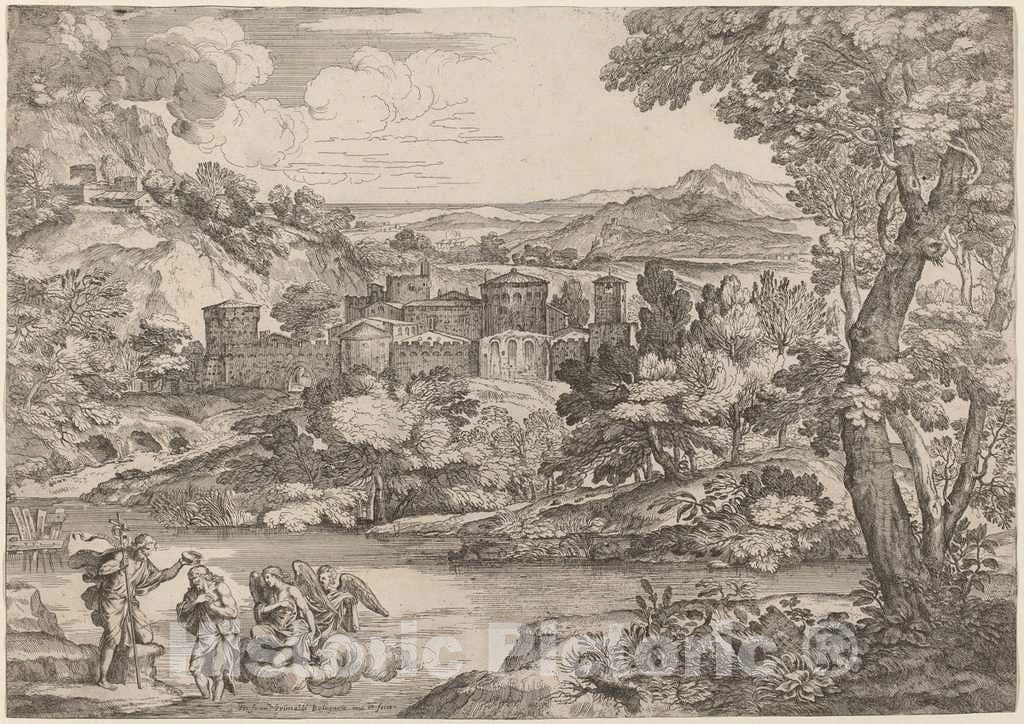 Art Print : Giovanni Francesco Grimaldi, The Baptism of Christ, Set in a Mountainous Landscape - Vintage Wall Art