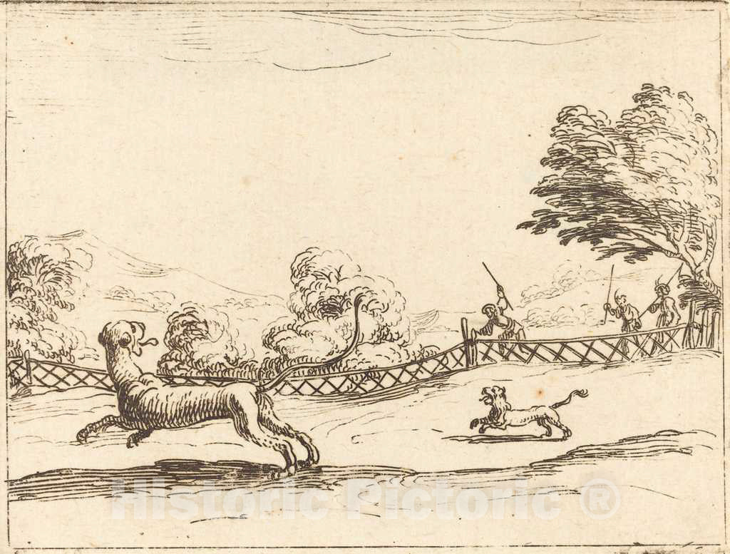 Art Print : Jacques Callot, Lioness and Cub Pursued by Hunters - Vintage Wall Art