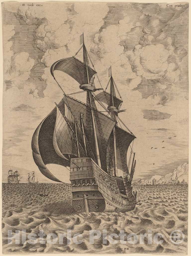 Art Print : Frans Huys After Bruegel The Elder, Armed Four-Master Sailing Towards a Port, 1565 - Vintage Wall Art