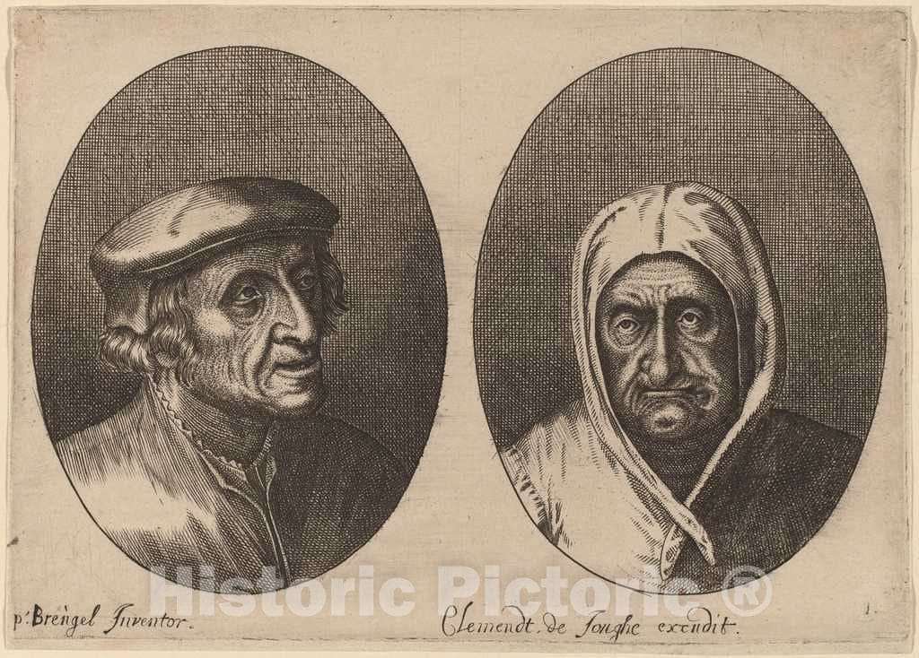 Art Print : Brouwer After Bruegel The Elder, Heads of a Peasant Man and Woman - Vintage Wall Art