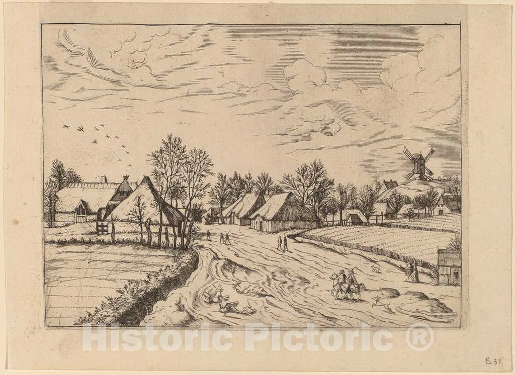 Art Print : Johannes and Lucas Van Doetechum, Country Village with Post Mill, c.1610 - Vintage Wall Art