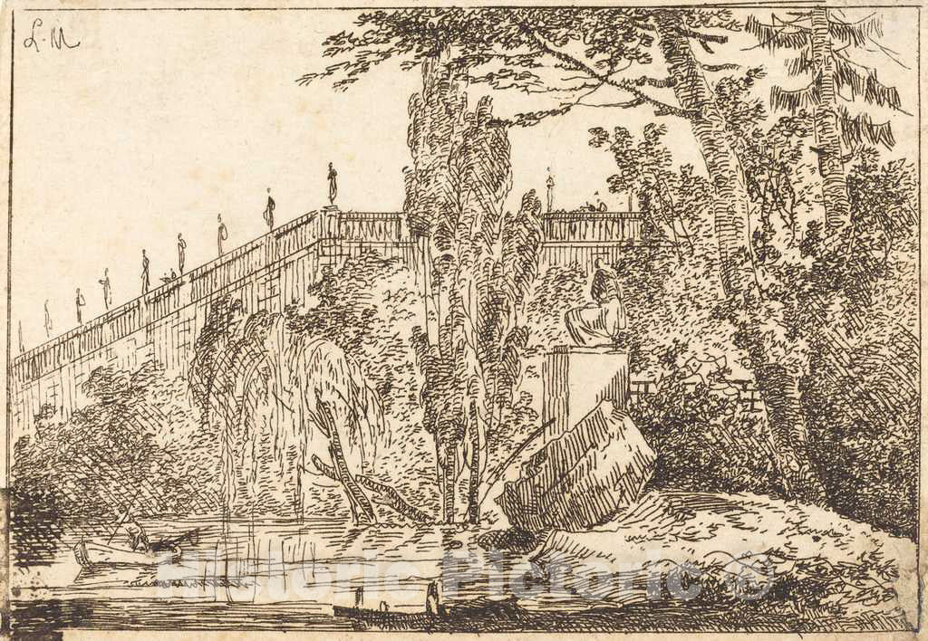 Art Print : Louis Gabriel Moreau, Park with Terrace and a Balustrade with Statues - Vintage Wall Art