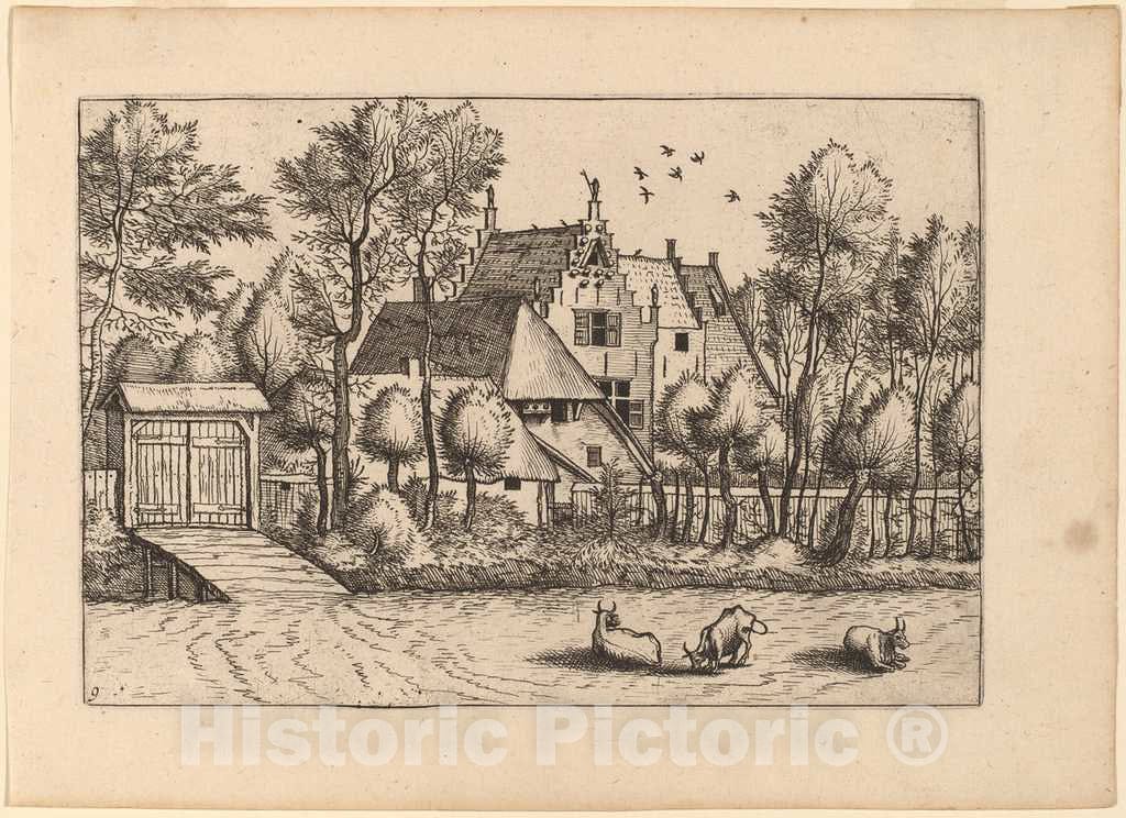 Art Print : Doetechum, Country House with a Ditch, in or Before 1676 - Vintage Wall Art