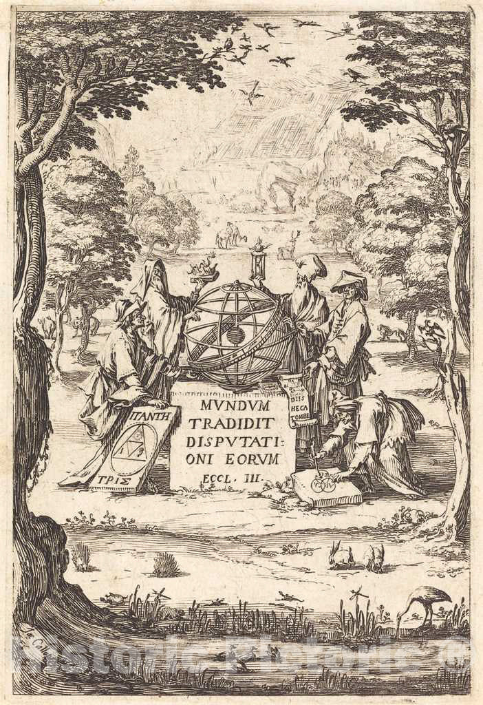 Art Print : Jacques Callot, Frontispiece for The Sacred Cosmologia (Title with Astrologers) - Vintage Wall Art