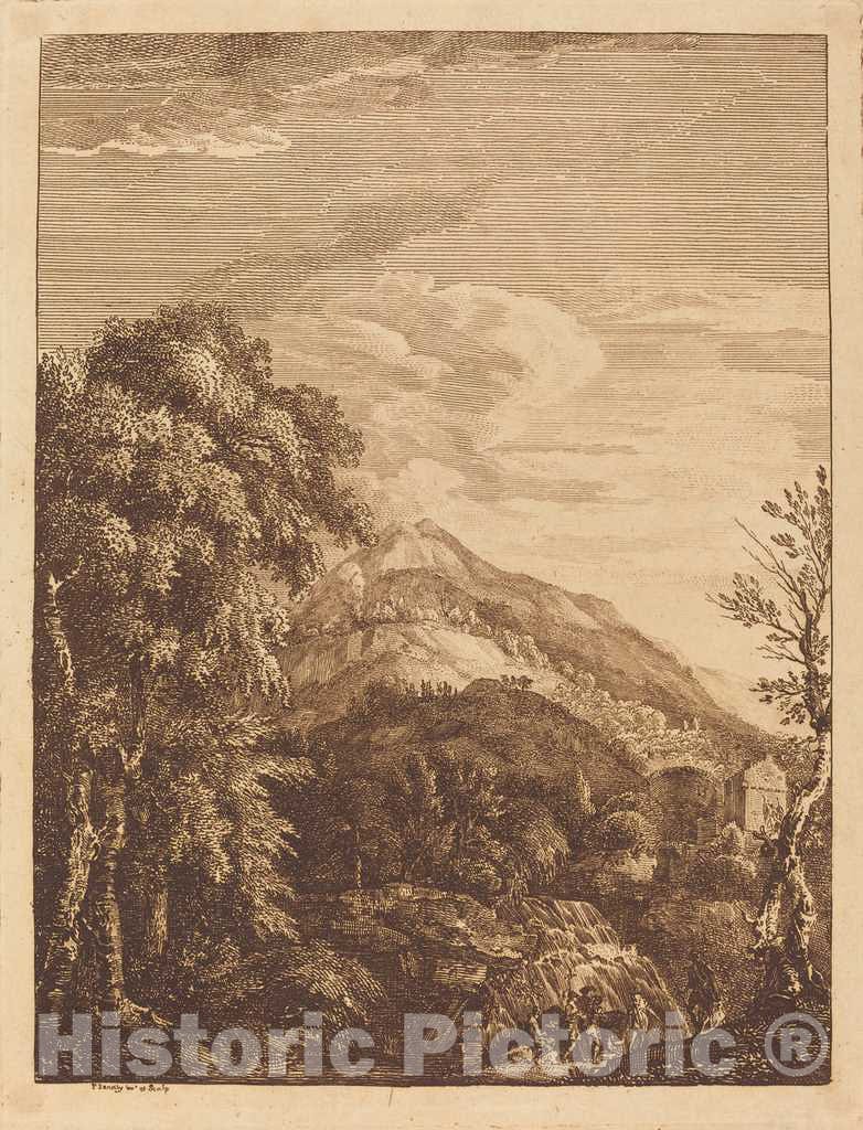 Art Print : Sandby, Mountainous Landscape with a Waterfall, Round Tower, Castle, and Banditti, 1750s - Vintage Wall Art