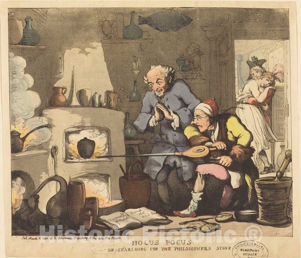 Art Print : Rowlandson, Hocus Pocus, or Searching for The Philosopher's Stone, 1800 - Vintage Wall Art