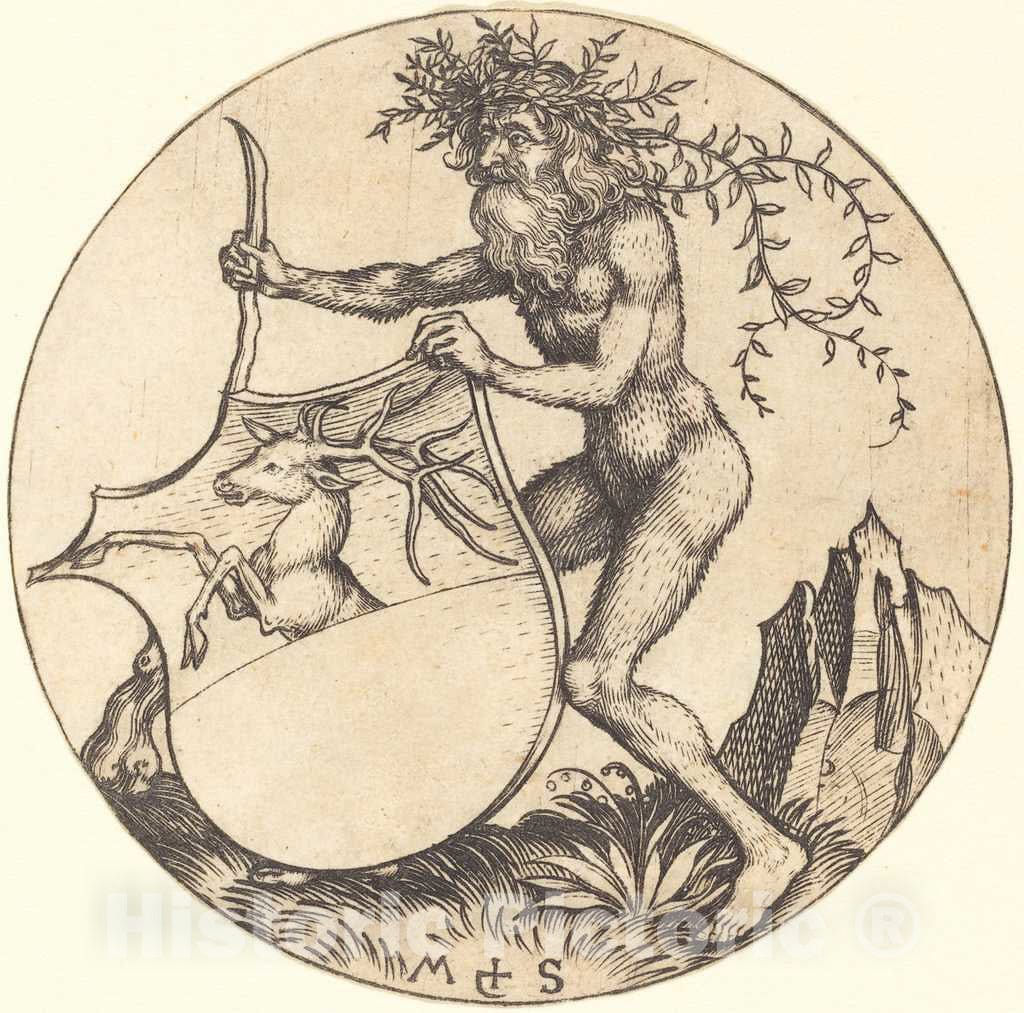 Art Print : Martin Schongauer, Shield with Stag, Held by Wild Man, c.1485 - Vintage Wall Art