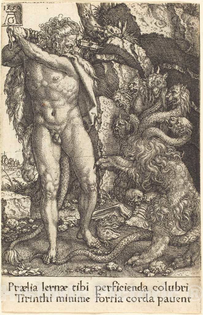 Art Print : Aldegrever, Hercules Fighting with The Hydra of Lernea, 1550 - Vintage Wall Art