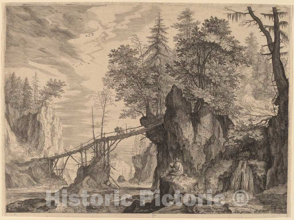 Art Print : Sadeler II After Savery, Draughtsman on a Stone Before a Bridge, c. 1609 - Vintage Wall Art