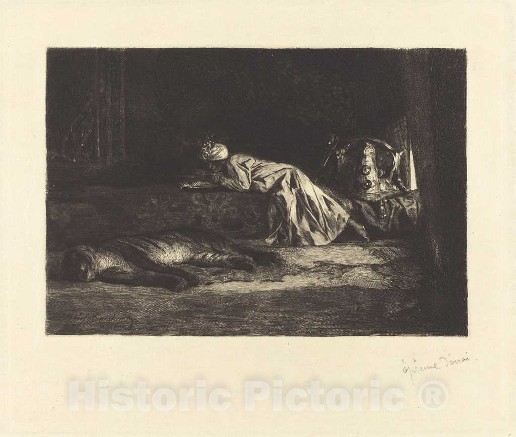 Art Print : Jean Joseph Benjamin Constant, Oriental Interior with Sleeping Tiger, c.1880 - Vintage Wall Art