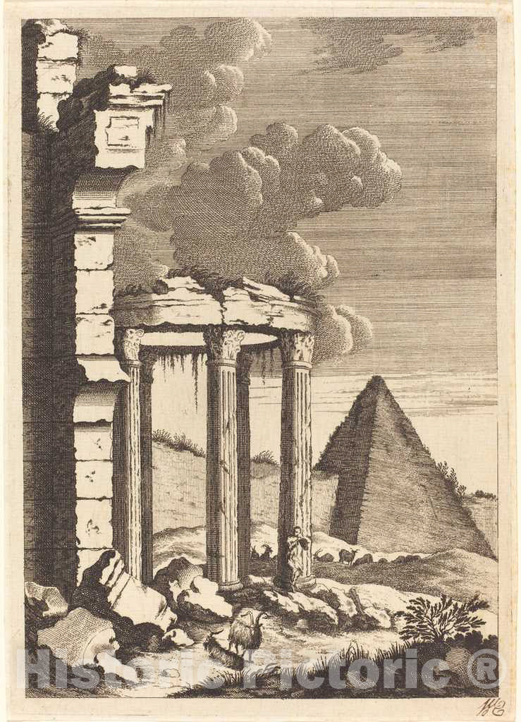 Art Print : Zaech After Jonas Umbach, Goats Before Ruins and a Pyramid, c. 1650 - Vintage Wall Art