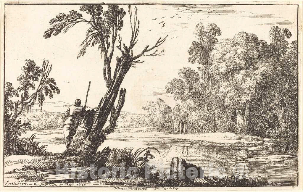 Art Print : Laurent de La Hyre, A Man Gazing Across a Still Pond, 1640 - Vintage Wall Art