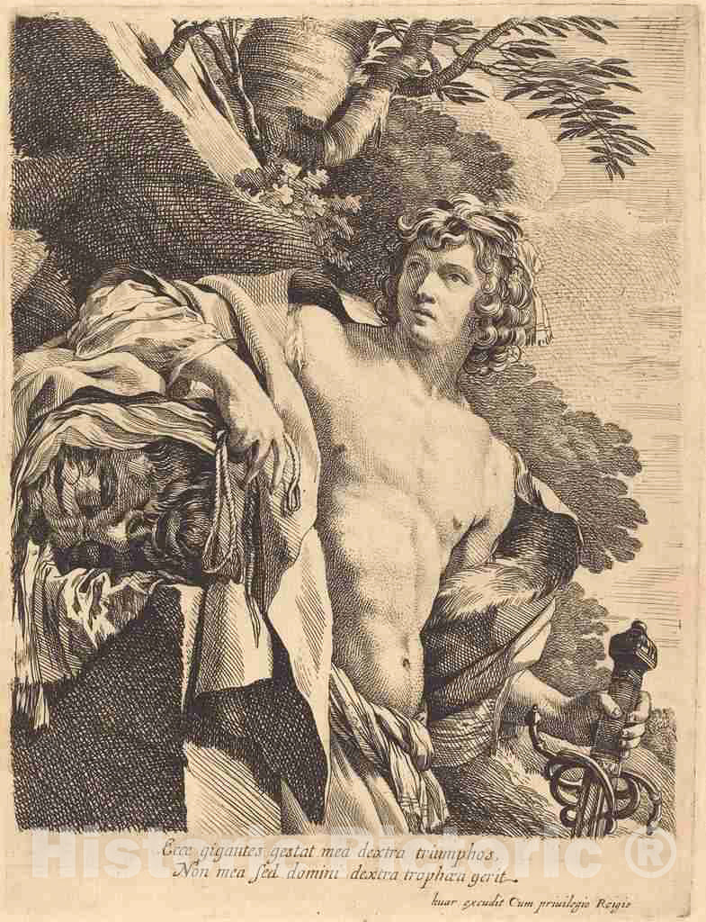 Art Print : Mignard I After Vouet, David with The Head of Goliath, c. 1630 - Vintage Wall Art