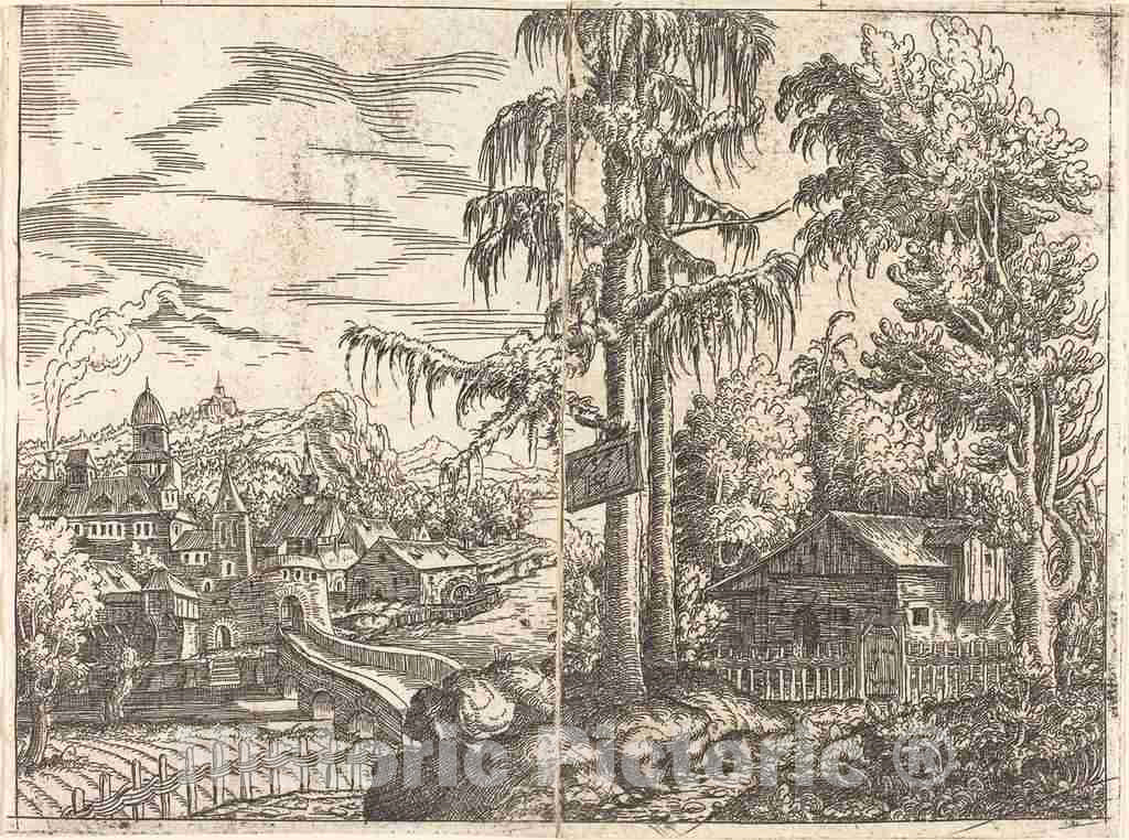 Art Print : Hanns Lautensack, Landscape with View of a Farmer's Cottage and a Town Near a River, 1551 - Vintage Wall Art