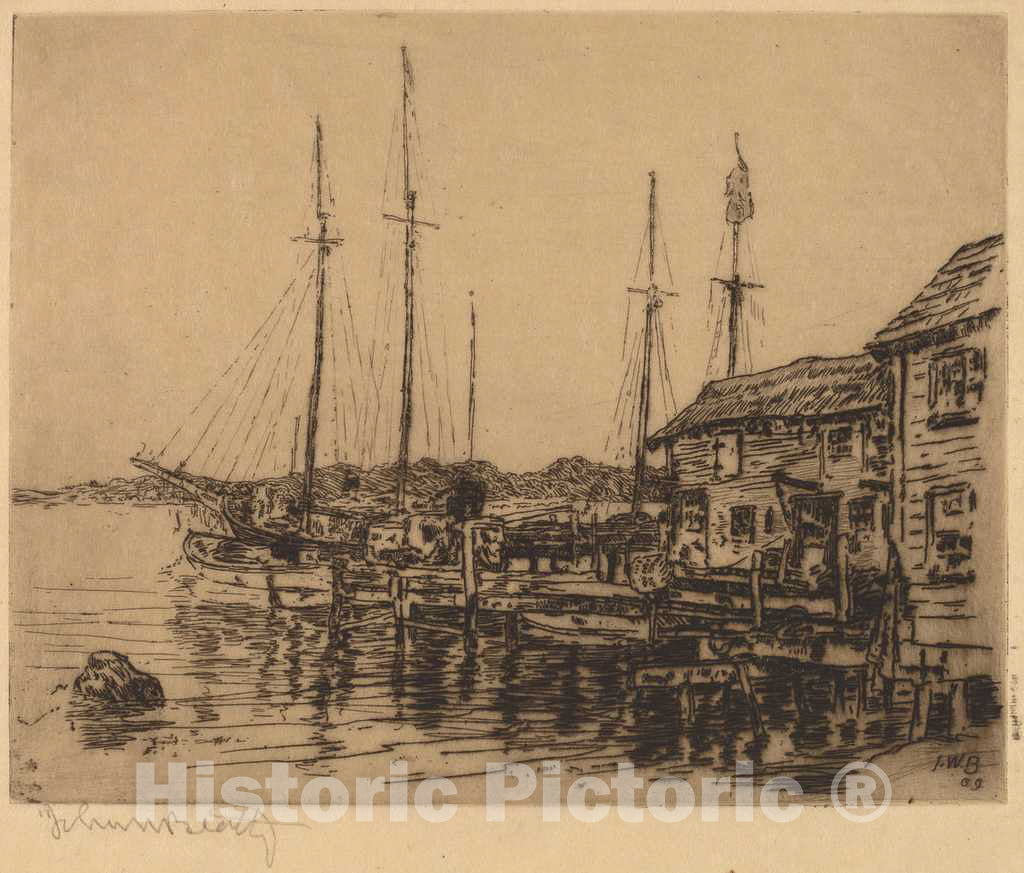 Art Print : John Wesley Beatty, Fishing Boats Along Quay, Noank, Conn, 1909 - Vintage Wall Art