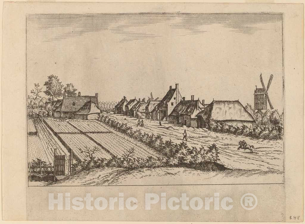 Art Print : Doetechum, Fields and a Village Road with Post Mill, c.1560 - Vintage Wall Art