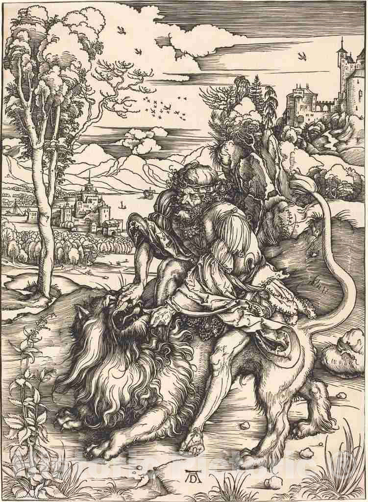 Art Print : Albrecht DÃ¼rer, Samson Fighting with The Lion, c.1498 - Vintage Wall Art