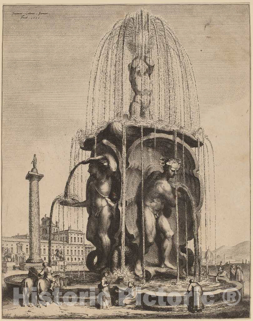 Art Print : Jan Lutma II, The Fountain and The Column of Trajan in Rome, 1656 - Vintage Wall Art