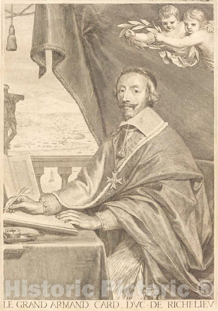 Art Print : Claude Mellan, Armand Jean du Plessis, Cardinal Richelieu - Vintage Wall Art