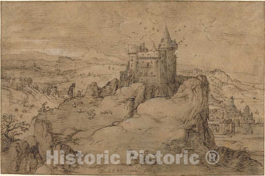 Art Print : Matthys Cock, Landscape with Castle Above a Harbor, 1540 - Vintage Wall Art