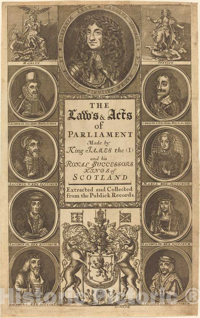 Art Print : James Clark, Frontispiece to The Laws and Acts of Parliament Made by King James I - Vintage Wall Art