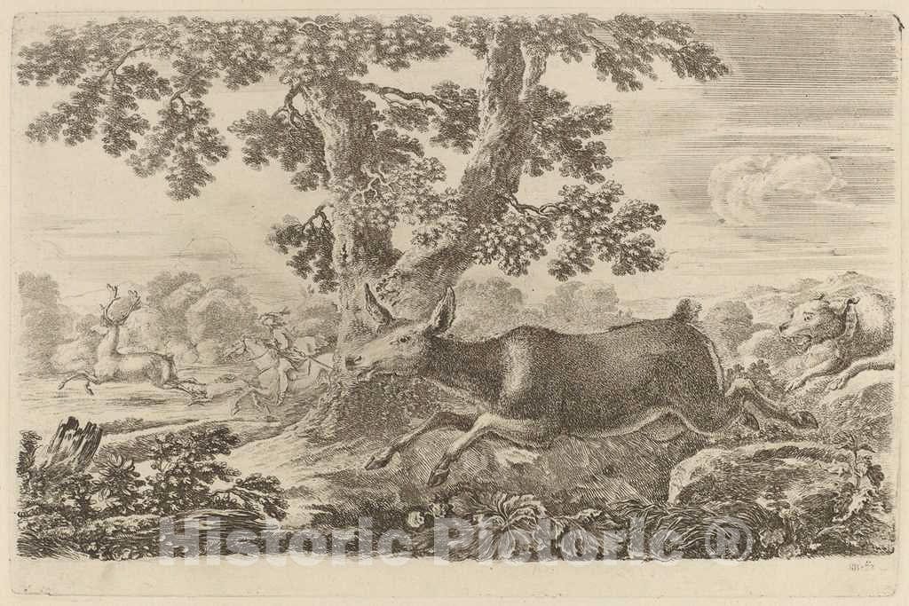 Art Print : Stefano Della Bella, Deer Chased by a Dog to The Right - Vintage Wall Art