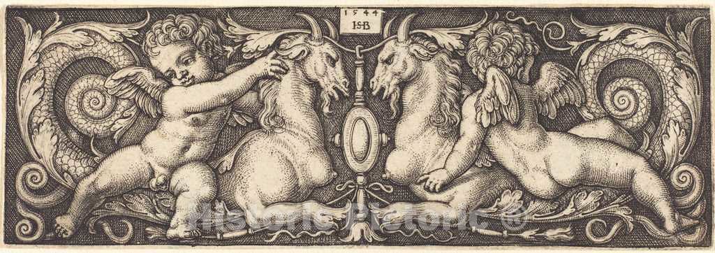 Art Print : Sebald Beham, Ornament with Two Genii Riding on Two Chimeras, 1544 - Vintage Wall Art