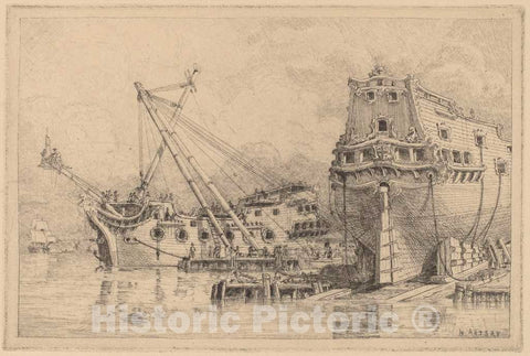 Art Print : N. Artsay, Two Large Ships Under Construction - Vintage Wall Art