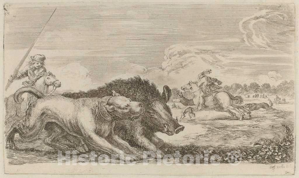 Art Print : Stefano Della Bella, Boar Chased by a Dog - Vintage Wall Art