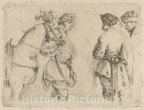 Art Print : Stefano Della Bella, Pole Holding The Bridle of a Horse While Speaking with Two Other Men - Vintage Wall Art