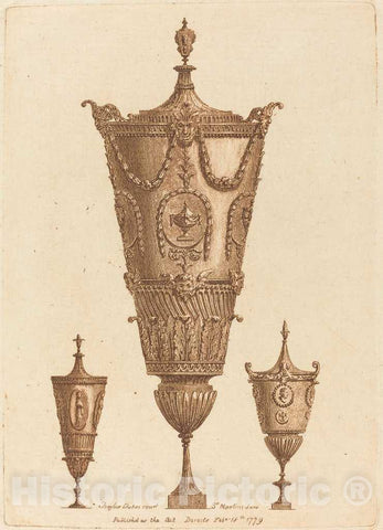 Art Print : Patrick Begbie, Three Classical Vases, One with Garlands, 1779 - Vintage Wall Art