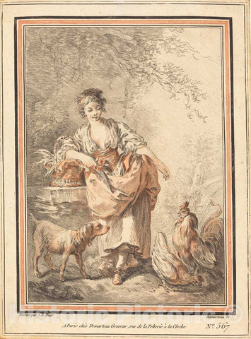 Art Print : Demarteau After HÃ¼et, I, Woman Feeding Chickens - Vintage Wall Art