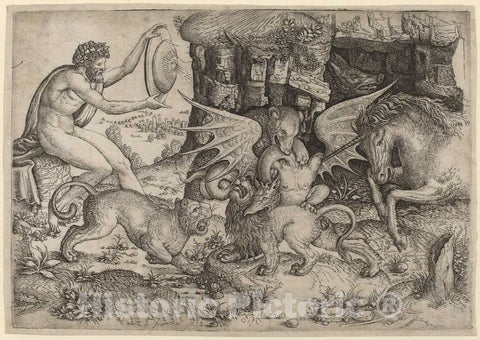 Art Print : St. John The Baptist, Allegorical Theme: Combat of Animals, c.1518 - Vintage Wall Art