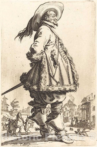 Art Print : Jacques Callot, Noble Man with Mantle Trimmed in Fur, Holding his Hands Behind his Back, c.1622 - Vintage Wall Art