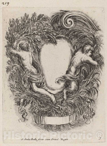 Art Print : Stefano Della Bella, Cartouche with Apollo and Pan, 1647 - Vintage Wall Art