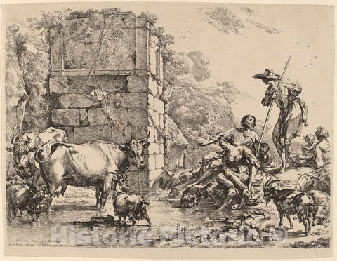 Art Print : Nicolaes Pietersz Berchem, Cow Drinking, 1680 - Vintage Wall Art