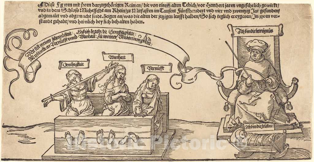 Art Print : Albrecht DÃ¼rer, Justice, Truth and Reason in The Stocks with The Seated Judge and Sleeping Piety, 1526 - Vintage Wall Art