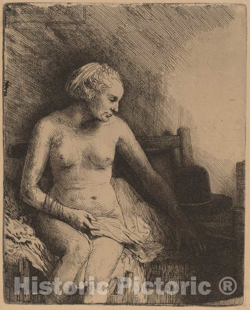 Art Print : Rembrandt, Woman at The Bath with a Hat Beside Her, 1658 - Vintage Wall Art