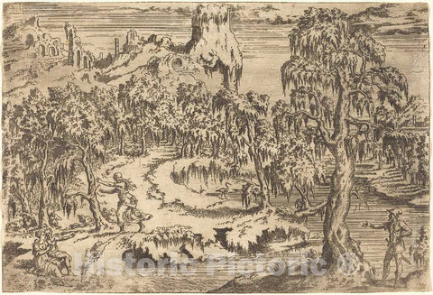Art Print : LÃ©on Davent, Landscape with a Woman Fleeing at The Sight of a Soldier, 1550s - Vintage Wall Art