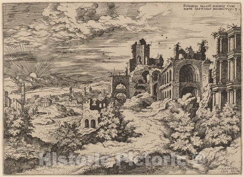 Art Print : Hieronymus Cock, Ruins on The Palatine with a Panoramic Landscape, 1550 - Vintage Wall Art