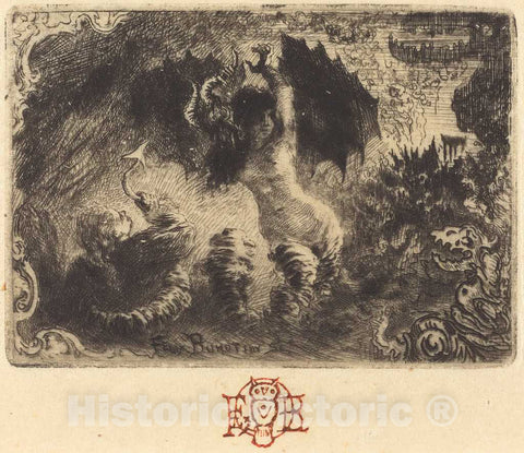 Art Print : FÃ©lix-Hilaire Buhot, Jacques Cazotte's Le Diable Amoureux (1st Vignette), 1878 - Vintage Wall Art