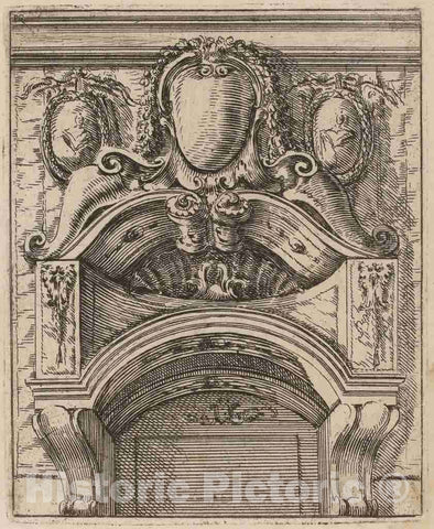 Art Print : Carlo Antonio Buffagnotti, Architectural Motif with Three Shields, Two with Figures, c. 1690 - Vintage Wall Art