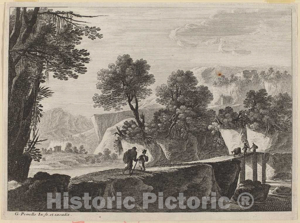 Art Print : Gabriel Perelle, Travelers Approaching a Bridge - Vintage Wall Art