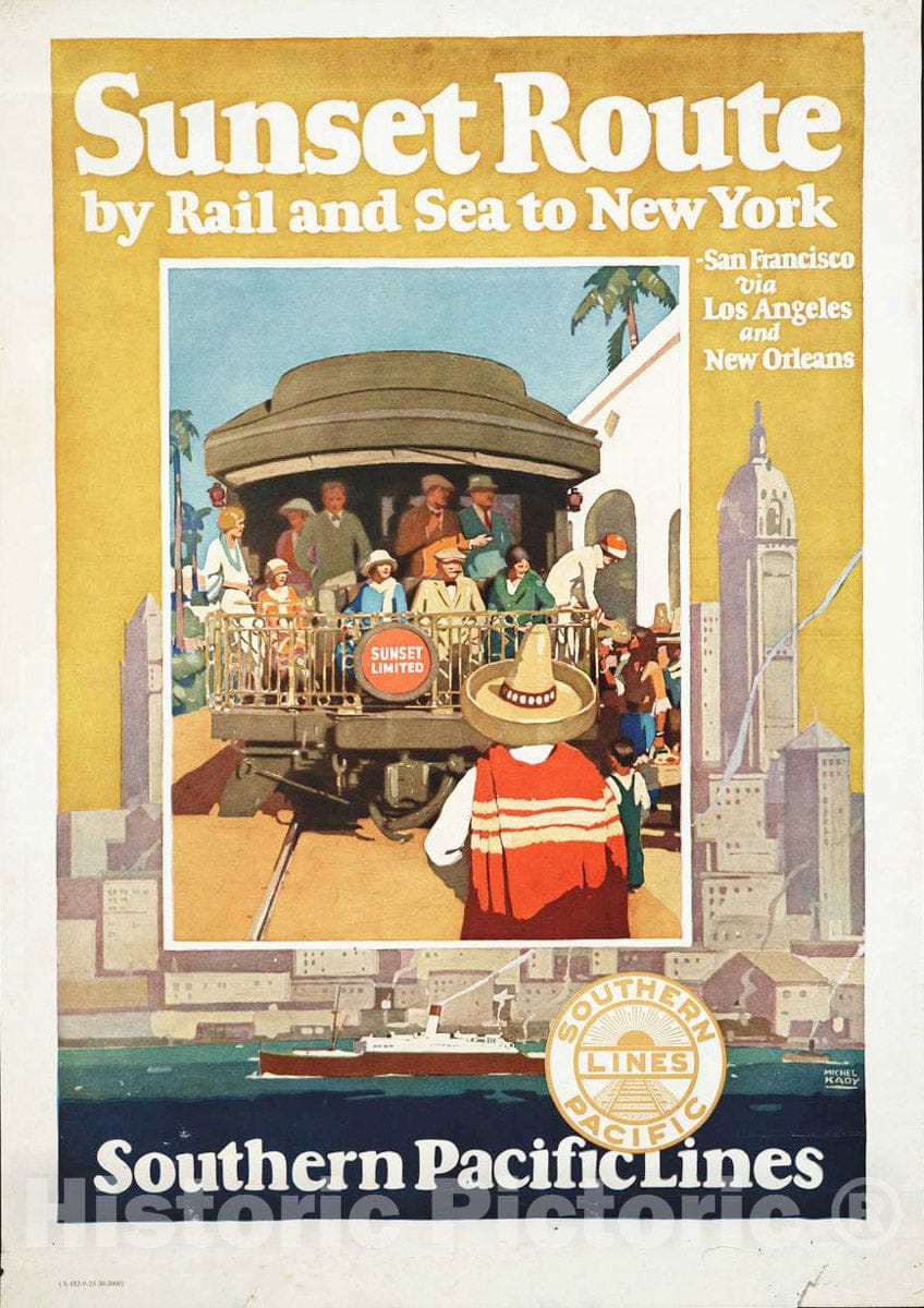 Vintage Poster - Sunset Route by Rail and sea to New York Southern Pacific Lines - Michel Kady., Historic Wall Art