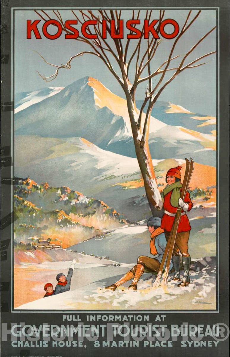 Vintage Poster -  Kosciusko Full Information at Government Tourist Bureau, Challis House, 8 Martin Place, Sydney -  Geo. E. Akinhead., Historic Wall Art