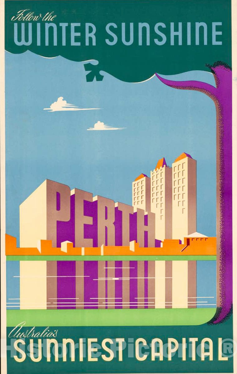 Vintage Poster -  Follow The Winter Sunshine Perth, Australia's sunniest Capital., Historic Wall Art